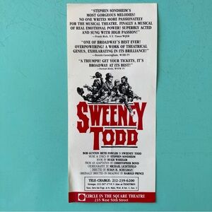 Single Sided Paper Flyer SWEENEY TODD Broadway 8”X4” BOB GUNTON BETH FOWLER 1989